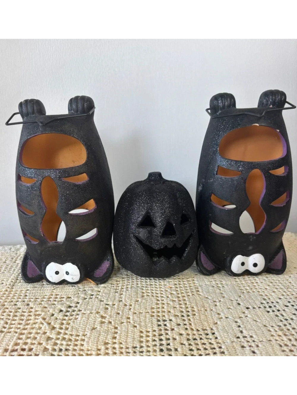 Halloween Bat Lanterns Pumpkin Glitter Black Purple Spooky Decor Set of 3